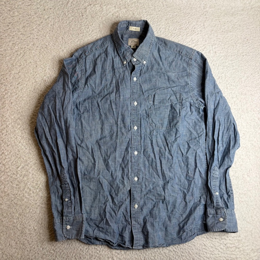J.Crew Mens Slim Fit Organic Cotton Chambray Button Down Shirt Blue Medium